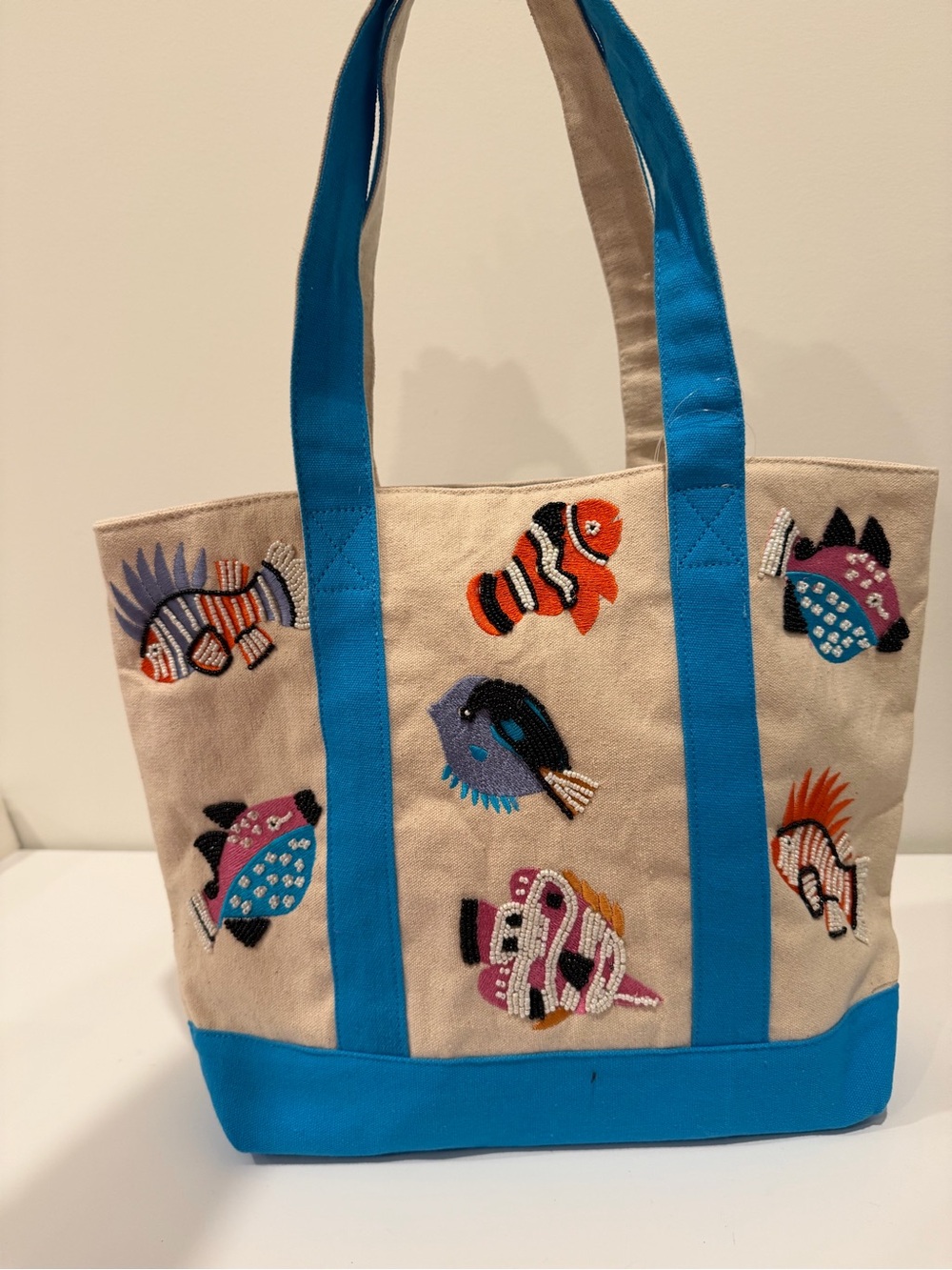 Embroidered Fish Canvas Tote in Blue and Cream